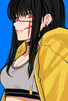 1girl absurdres aegyo_sal black_choker black_hair blue_background chainsaw_man choker cross_scar earrings facial_scar grey_sports_bra highres hood hoodie jewelry long_hair looking_at_viewer orange_eyes parted_lips ringed_eyes sailen0 scar scar_on_cheek scar_on_face sideways_glance simple_background solo sports_bra stud_earrings yellow_hoodie yoru_(chainsaw_man)
