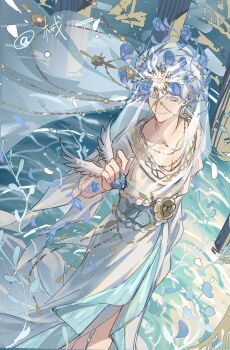 1boy absurdres blue_eyes blue_flower chain colored_eyelashes eli_clark eli_clark_(prophet_of_yore) feathered_wings feet_out_of_frame floating_clothes floating_hair flower gold_chain head_chain head_wreath highres identity_v jewelry looking_at_viewer male_focus official_alternate_costume pectoral_cleavage pectorals robe see-through_clothes see-through_veil smile veil water white_eyelashes white_hair white_robe white_veil white_wings wings wkoneda