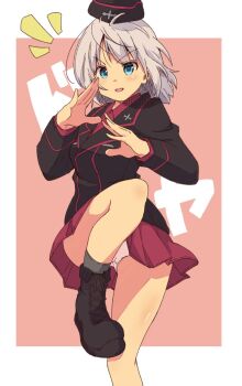 Rule 34 | 1girl, ankle boots, black boots, black hat, black jacket, black socks, blue eyes, boots, commentary, crotch seam, dress shirt, garrison cap, girls und panzer, grey hair, hat, insignia, itsumi erika, jacket, kuromorimine military uniform, leg up, long sleeves, looking at viewer, medium hair, military hat, military uniform, miniskirt, notice lines, open mouth, panties, pantyshot, pink background, pleated skirt, red shirt, red skirt, shirt, skirt, smile, socks, solo, standing, standing on one leg, tom q (tomtoq), translated, underwear, white panties, wing collar