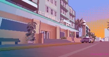 atmospheric_perspective bench car cityscape dithering english_text grand_theft_auto grand_theft_auto_v highres hotel motor_vehicle no_humans onlypixeeels open_door palm_tree pillar pixel_art plant potted_plant road scenery sidewalk stairs sunset tree window