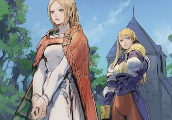 2girls agrias_oaks armor blonde_hair blue_dress blue_sky breastplate brown_eyes brown_pants cathedral church dress elbow_pads final_fantasy final_fantasy_tactics hand_in_own_hair knight long_hair multiple_girls nakade1 ovelia_atkascha pants princess red_robe robe shoulder_pads sky tree upper_body v_arms white_dress