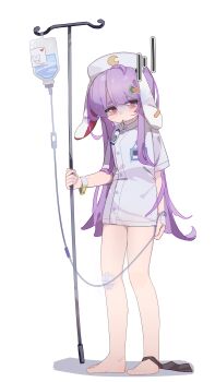 1girl absurdres ahoge alternate_costume animal_ears barefoot carrot_hair_ornament commentary crescent_print digital_thermometer dress flipped_hair food-themed_hair_ornament full_body gauze_on_knee gumingdi_ban hair_ornament hat highres intravenous_drip iv_stand long_hair looking_at_viewer mouth_hold nurse_cap purple_eyes purple_hair rabbit_ears rabbit_girl reisen_udongein_inaba simple_background solo thermometer touhou very_long_hair white_background white_dress