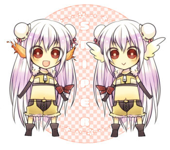 2girls :> :d ark_kan armband blush brown_gloves brown_shirt brown_shorts bun_cover character_name chibi closed_mouth commentary_request crop_top dual_persona flaming_ears full_body fur-trimmed_shirt fur-trimmed_shorts fur_trim gloves hair_between_eyes head_wings light_purple_hair long_hair looking_at_viewer midriff multiple_girls navel open_mouth ragnarok_online red_eyes shirt shorts sleeveless sleeveless_shirt smile sniper_(ragnarok_online) two-tone_shirt two-tone_shorts very_long_hair white_wings wings yellow_shirt yellow_shorts zipper_pull_tab