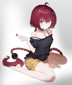 1girl ahoge alternate_costume bare_shoulders barefoot between_legs black_choker black_shirt braid braided_ponytail candy chinese_commentary choker closed_mouth commentary_request cross cross_necklace food frilled_choker frilled_shirt frilled_sleeves frills full_body hair_intakes hair_spread_out hand_between_own_legs hand_up highres holding holding_candy holding_food holding_lollipop jewelry kurosaki_mea lollipop long_hair looking_at_viewer low_ponytail neck_garter necklace off-shoulder_shirt off_shoulder ponytail purple_eyes red_hair shirt shorts simple_background sitting smile solo strap_slip to_love-ru to_love-ru_darkness very_long_hair wariza white_background wiersa yellow_shorts