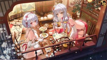 Rule 34 | 2girls, ahoge, arrow (projectile), ass, bare shoulders, blurry, blurry foreground, blush, bonsai, breast curtains, breasts, butt crack, cabinet, candle, candlestand, chair, chinese knot, closed mouth, commentary request, company name, copyright logo, copyright name, cup, detached sleeves, dress, eve krist, folding screen, food, fu ji, glint, grey hair, hair bobbles, hair ornament, highres, holding, holding cup, logo, long hair, looking at viewer, mahjong soul, mechanical arms, multiple girls, official art, open mouth, paintbrush, painting (action), plant, plate, potted plant, red eyes, red skirt, revealing clothes, scroll, short hair, single mechanical arm, sitting, skirt, sleeveless, sleeveless dress, small breasts, smile, standing, steam, teapot, tray, white dress, window, yellow eyes