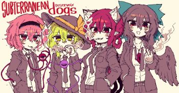 4girls alternate_costume animal_ears black_hair black_hat black_necktie black_pants black_vest black_wings bow cat_ears cat_girl cigarette commentary english_commentary extra_ears green_bow green_eyes hair_between_eyes hair_bow hairband hat heart highres holding holding_cigarette kaenbyou_rin komeiji_koishi komeiji_satori looking_at_viewer multiple_girls necktie open_clothes open_shirt pants pink_hair rampa93 red_eyes red_hair reiuji_utsuho short_hair sidelocks simple_background smoking third_eye touhou vest wings