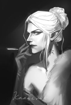 Rule 34 | 1girl, absurdres, alternate costume, artist name, baldur's gate, baldur's gate 3, cigarette, dungeons & dragons, elbow gloves, elf, from side, gloves, grey background, greyscale, hair bun, highres, holding, holding cigarette, kanaewit, looking at viewer, minthara, monochrome, neck tattoo, pointy ears, portrait, short hair, signature, simple background, single hair bun, solo, tattoo