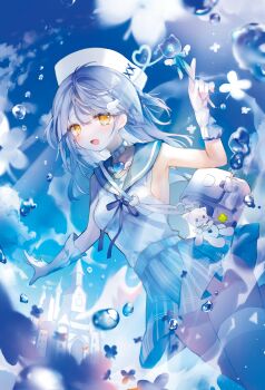 Rule 34 | 1girl, :d, absurdres, animal charm, armpit crease, artist request, bag, belt collar, blue hair, blue ribbon, blue sailor collar, blue skirt, blue sky, breasts, castle, charm (object), cloud, cloudy sky, collar, collarbone, day, gloves, hat, heart pendant, high-waist skirt, highres, holding, holding wand, light blush, liver city, looking at viewer, miniskirt, neck ribbon, open mouth, original, outdoors, pendant collar, plaid clothes, plaid skirt, ribbon, sailor collar, sailor hat, sailor shirt, shirt, shoulder bag, sideboob, skirt, sky, sleeveless, sleeveless shirt, small breasts, smile, solo, thighhighs, wand, water drop, white gloves, white hat, white shirt, white thighhighs, yellow eyes, zettai ryouiki