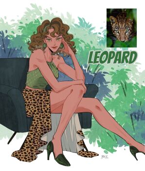 Rule 34 | 1girl, animal print, artist name, bare arms, bare legs, bare shoulders, bei 18, brown hair, couch, curly hair, dark-skinned female, dark skin, earrings, english text, full body, green eyes, green footwear, green hairband, green shirt, hairband, halter shirt, halterneck, hand on own head, high heels, jewelry, leopard, leopard print, long skirt, looking at viewer, medium hair, on couch, orange skirt, original, personification, photo inset, plant, print skirt, red lips, shirt, signature, sitting, skirt, sleeveless, sleeveless shirt, smile, solo, white background