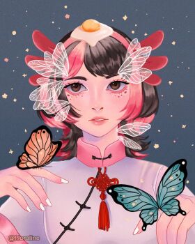 1girl aegyo_sal aqua_butterfly artist_self-insert brown_eyes brown_hair bug butterfly butterfly_on_hand clothing_request commentary f.loraline facial_mark food food_on_head fried_egg grey_background hands_up highres insect lips looking_to_the_side medium_hair multicolored_hair nail_polish object_on_head orange_butterfly original parted_lips photo-referenced pink_hair short_sleeves simple_background solo sparkle star_(symbol) straight-on streaked_hair teeth two-tone_hair upper_body white_nails