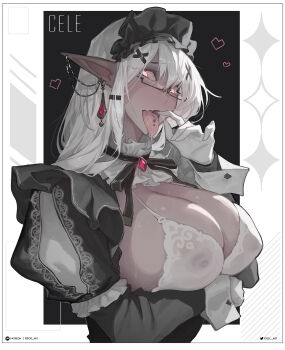 1girl breasts brooch commentary covered_erect_nipples dark-skinned_female dark_skin english_commentary formal_clothes heart highres iggi_art jewelry large_breasts long_sleeves looking_at_viewer looking_to_the_side maid open_mouth original piercing pointy_ears solo sweat tongue tongue_out upper_body white_hair
