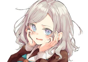 1girl @_@ absurdres blue_eyes blush ceras_yanagida_lilienfeld commentary grey_hair hands_on_own_face hasu_no_sora_school_uniform highres link!_like!_love_live! long_sleeves love_live! mendo_(mend0o0) open_mouth peanut_mouth school_uniform simple_background solo sweat swept_bangs symbol-only_commentary white_background