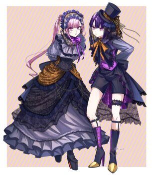 Rule 34 | 1boy, 1girl, a 1 sb 11, alternate costume, arms behind back, asymmetrical legwear, back bow, black boots, black hat, black ribbon, black shoes, black shorts, boots, border, bow, brother and sister, chain, closed mouth, colored inner hair, commentary, diagonal-striped background, diagonal-striped legwear, double bun, dress, frilled dress, frills, full body, grey dress, grey shirt, hair bun, hairband, halloween costume, hat, hat ribbon, high heel boots, high heels, highres, knee boots, lace-trimmed thigh strap, lace trim, legwear garter, lolita hairband, long dress, long hair, medium hair, mismatched legwear, multicolored hair, orange ribbon, orange socks, outside border, pink eyes, pink hair, platform shoes, purple hair, purple ribbon, purple socks, purple vest, ribbon, shirt, shoes, shorts, siblings, single sidelock, socks, striped background, striped clothes, striped socks, the hundred line -last defense academy-, thigh strap, top hat, tsukumo ima, tsukumo kako, tsurime, twins, twintails, two-tone hair, vest, white border, white hair