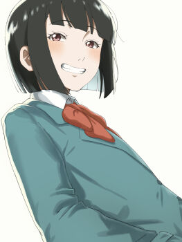 1girl 46_crt absurdres aqua_jacket black_hair blazer blush bob_cut bow bowtie collared_shirt commentary_request grin highres jacket kobuchizawa_shirase long_sleeves red_bow red_bowtie red_eyes shirt smile solo sora_yori_mo_tooi_basho teeth upper_body white_shirt