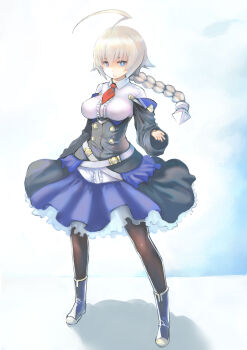 1girl absurdres ahoge arc_system_works blazblue blonde_hair blue_eyes blue_jacket blue_skirt braid breasts dress es_(xblaze) female_focus full_body hair_between_eyes highres huge_ahoge jacket johan_(johan13) large_breasts long_hair long_sleeves looking_at_viewer necktie puffy_long_sleeves puffy_sleeves red_necktie sidelocks single_braid skirt solo standing underbust wide_sleeves xblaze xblaze_code:_embryo