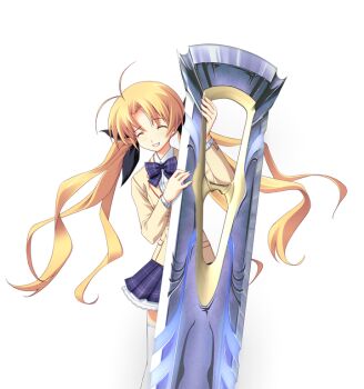 1girl antenna_hair black_bow blazer blonde_hair bow bowtie breasts brown_jacket chaos;head closed_eyes collared_shirt d-sword dress_shirt facing_viewer game_cg grin hair_bow holding holding_sword holding_weapon huge_weapon jacket matsuo_yukihiro miniskirt nervous_smile non-web_source official_art orihara_kozue petticoat plaid_bow plaid_bowtie plaid_clothes plaid_skirt purple_bow purple_bowtie school_uniform science_adventure shirt skirt small_breasts smile solo sprite suimei_academy_school_uniform sword thighhighs transparent_background twintails weapon white_shirt white_thighhighs winter_uniform zettai_ryouiki