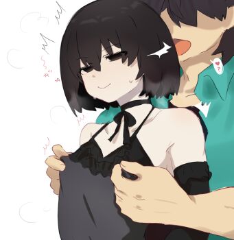 Rule 34 | 1boy, 1girl, :d, ^^^, anger vein, annoyed, aqua shirt, araragi koyomi, arms at sides, bare shoulders, black bow, black bowtie, black choker, black dress, black eyes, black gloves, black hair, black ribbon, black shirt, bob cut, bow, bowtie, breasts, casual, chinese commentary, choker, collarbone, collared shirt, commentary, covered erect nipples, double breast grab, dress, dress shirt, elbow gloves, foreplay, frilled gloves, frills, front-to-back, gloves, hair between eyes, hair over one eye, halter dress, halterneck, heart, height difference, hetero, highres, layered shirt, monogatari (series), narrowed eyes, neck ribbon, nervous sweating, nipple stimulation, nipple tweak, open clothes, open mouth, open shirt, oshino ougi, pale skin, ribbon, shirt, short hair, simple background, sleeveless, sleeveless dress, small breasts, smile, spaghetti strap, spoken heart, standing, steam, steaming body, sweat, sweatdrop, tsugumi (tgm 615486), unamused, undershirt, upper body, white background