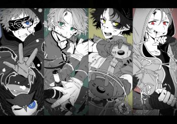 4boys aesop_carl ascot bandaged_hand bandages bird blindfold blood blood_on_face blue_eyes bridge_piercing clenched_teeth cloak collarbone eli_clark face_piercing fang furrowed_brow gloves green_eyes hair_intakes highres hood hood_up hooded_vest hoodie identity_v injury jacket looking_at_viewer magnet male_focus multiple_boys naib_subedar norton_campbell og_3tt owl paintbrush_in_mouth partially_colored piercing red_eyes smirk stitched_mouth stitches suspenders teeth torn_blindfold torn_clothes upper_body vest yellow_eyes