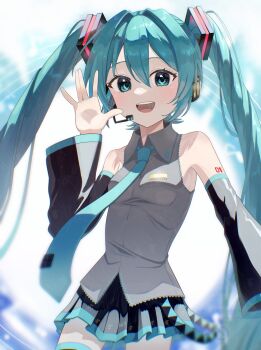 1girl absurdres aqua_eyes aqua_hair aqua_necktie black_skirt black_sleeves breasts commentary_request detached_sleeves grey_shirt hatsune_miku headphones headset highres medium_breasts necktie number_tattoo shirt skirt sleeveless sleeveless_shirt solo tattoo tatyaoekaki twintails vocaloid white_background
