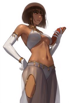 1girl absurdres ancient_egyptian_clothes bob_cut book breasts brown_hair criss-cross_halter dark-skinned_female dark_skin gloves halterneck hand_on_own_hip harem_outfit highres holding holding_book jewelry mymzi rana_(original_character) red_eyes short_hair translucent underboob