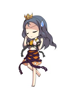 1girl bare_shoulders barefoot black_ribbon blue_hair breasts chibi chibi_only chirizuka_ubame clenched_hands commentary_request crop_top dairi full_body hands_up large_variant_set long_hair medium_breasts orange_skirt purple_ribbon ribbon ribbon_around_body simple_background skirt solo standing standing_on_one_leg stomach tachi-e tank_top tiara touhou transparent_background variant_set