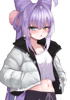 1girl :o ahoge artist_request black_shorts blue_eyes blush bra_strap choppy_bangs coat commentary_request cone_hair_bun cowboy_shot crop_top cropped_shirt double_bun hair_bun hair_intakes hair_ornament hair_rings hands_in_pockets heterochromia highres korean_commentary long_hair looking_at_viewer looking_to_the_side midriff navel off-shoulder_shirt off_shoulder open_clothes open_coat parted_lips pink_pupils pom_pom_(clothes) pom_pom_hair_ornament purple_hair second-party_source shirt shorts simple_background solo standing stellive tenko_shibuki turning_head unzipped very_long_hair virtual_youtuber white_background white_coat white_shirt winter_clothes winter_coat yellow_eyes yellow_pupils