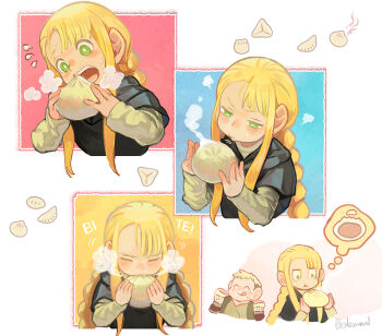 1boy 1girl :q :t ^_^ alternate_species steamed_bun biting blonde_hair blowing_on_food blush braid chibi closed_eyes dungeon_meshi dwarf eating edo_mond_(edoedoedomond) food food_on_face green_eyes halfling laios_touden laios_touden_(dwarf) licking_lips long_hair long_sleeves marcille_donato marcille_donato_(half-foot) open_mouth robe shirt short_hair smile steaming_food sweatdrop tongue tongue_out twin_braids upper_body wide-eyed