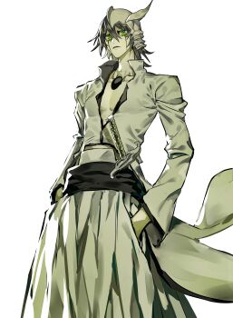 1boy absurdres black_hair bleach broken_helmet closed_mouth green_eyes hands_in_pockets hashtag-only_commentary highres hole_in_chest hole_on_body japanese_clothes looking_at_viewer male_focus scabbard sheath simple_background slit_pupils solo ulquiorra_cifer white_background xi_luo_an_ya