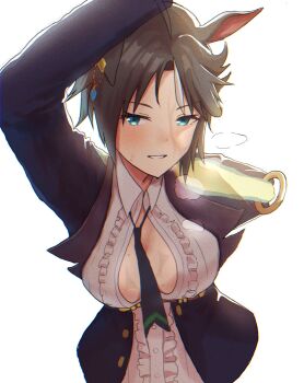 1girl animal_ears black_hair black_jacket black_necktie blue_eyes blush breasts center_frills center_opening collared_shirt cropped_torso desuuuu frilled_shirt frills fuji_kiseki_(shooting_star_revue)_(umamusume) fuji_kiseki_(umamusume) hashtag-only_commentary highres horse_ears horse_girl jacket long_sleeves looking_at_viewer multicolored_hair necktie no_bra parted_lips shirt short_hair simple_background solo sweat umamusume white_background white_hair white_shirt