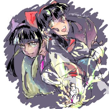 Rule 34 | 2girls, ainu clothes, artist name, breasts, brown eyes, brown hair, dated, dual persona, fingerless gloves, gloves, hair ribbon, half-closed eyes, highres, holding hands, interlocked fingers, long hair, multiple girls, murasaki nakoruru, nakoruru, open mouth, purple eyes, purple hair, ribbon, samurai spirits, small breasts, smile, snk, teeth, tongue