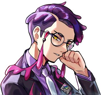 1boy black-framed_eyewear black_hair black_jacket collared_shirt corbeau_(pokemon) eyewear_strap glasses head_rest highres jacket long_sleeves male_focus mega_stone necktie nintendo open_clothes open_jacket parted_hair parted_lips pokemon pokemon_legends:_z-a purple_hair purple_shirt round_eyewear shirt short_hair short_sideburns simple_background solo spyg upper_body white_background white_necktie yellow_eyes