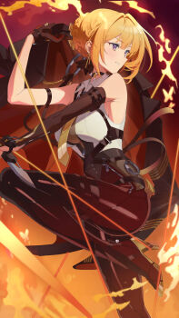 1girl absurdres arm_strap bare_shoulders black_gloves black_pants blonde_hair breasts chest_harness commentary earrings elbow_gloves evelyn_chevalier fire garrote gloves hair_up half_gloves harness high-waist_pants high_heels highres holding holding_jacket holding_unworn_clothes jacket jewelry large_breasts long_ribbon mole mole_under_eye necktie pants purple_eyes ring_hair_ornament shirt short_hair single_elbow_glove single_half_glove tight_clothes tight_pants unworn_jacket uzu_(malese0202) white_shirt wire yellow_necktie zenless_zone_zero