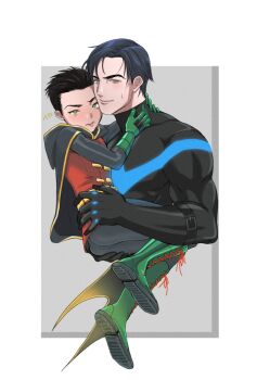 2boys age_difference ass batman_(series) black_hair blue_eyes blush boots brothers cape damian_wayne dc_comics dick_grayson gloves green_eyes green_footwear groping highres hood hooded_cape kiricloud lace-up_boots male_focus multiple_boys muscular nightwing robin_(dc) siblings size_difference sweat tongue