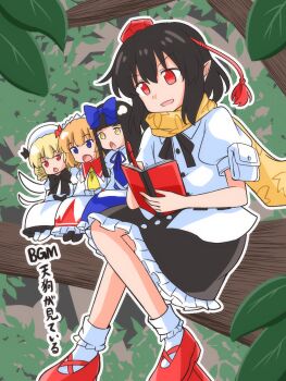 4girls ascot black_bow black_bowtie black_hair blonde_hair blue_bow blue_eyes blue_ribbon bow bowtie brown_hair commentary_request dress drill_hair fairy fairy_wings frilled_skirt frills geta hair_bow hat headdress highres holding holding_notebook holding_pen luna_child multiple_girls neck_ribbon notebook open_mouth orange_hair outdoors pen pointy_ears puffy_short_sleeves puffy_sleeves red_eyes red_hat ribbon shameimaru_aya shirt short_sleeves sitting_on_branch skirt smile star_sapphire sunny_milk tengu-geta tokin_hat touhou translation_request white_dress white_hat white_shirt wings writing yakousei_no_kame yellow_ascot yellow_eyes