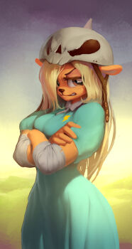 1girl adventure_time angry animal_ears bandages blonde_hair blue_dress body_fur breasts bronwyn brown_eyes clenched_teeth cowboy_shot crossed_arms day derekireba dog_ears dog_girl dress facing_viewer furry furry_female green_dress headgear helmet highres lightning_bolt_symbol long_hair looking_at_viewer outdoors puffy_short_sleeves puffy_sleeves short_sleeves skull skull_helmet small_breasts snout solo standing teeth