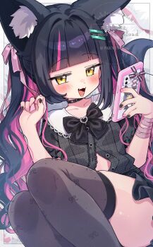 1girl animal_ear_fluff animal_ears bandaged_arm bandages black_bow black_bowtie black_choker black_nails black_shirt black_skirt black_thighhighs blue_hair bow bowtie cellphone choker commentary_request commission flat_chest fox_ears fox_girl fox_tail hair_ornament hair_ribbon hairclip heart heart_in_eye highres hino_hinoki holding holding_phone indie_virtual_youtuber looking_at_viewer multicolored_hair multicolored_nails open_mouth partially_unbuttoned phone pink_hair pink_nails pink_ribbon ribbon shirt skeb_commission skindentation skirt smartphone smile solo symbol_in_eye tail thighhighs trente twintails two-tone_hair virtual_youtuber watermark yellow_eyes