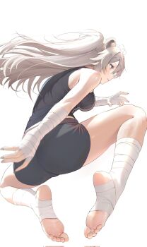 1girl animal_ears ass bandaged_arm bandaged_leg bandages black_shorts breasts cage feet from_behind full_body grey_eyes grey_hair hair_between_eyes highres hololive legs lion_ears lion_girl long_hair medium_breasts midair shadow sharc shirt shishiro_botan short_shorts shorts sleeveless sleeveless_shirt soles solo stage_lights tagme toes virtual_youtuber