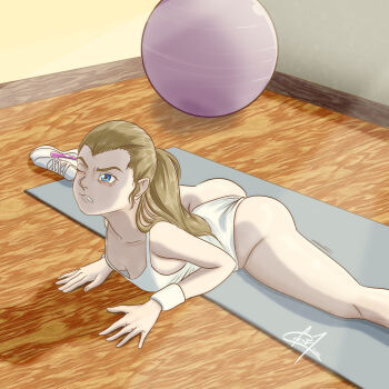 absurdres ass bags_under_eyes blonde_hair blue_eyes breasts cifer.4 commentary english_commentary erys_oc flat_chest gym_uniform gymnastics highleg highres leotard one_eye_closed original rhythmic_gymnastics small_breasts white_leotard workout_clothes yoga