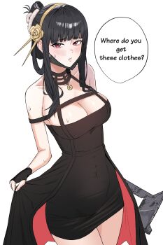 1girl black_dress black_gloves black_hair blush breasts cleavage commentary_request cosplay d_(nikke) dress english_text fingerless_gloves flower gloves goddess_of_victory:_nikke hair_flower hair_ornament highres holding holding_weapon hyuiil365 korean_commentary large_breasts long_hair look-alike looking_at_viewer open_mouth red_eyes simple_background solo speech_bubble spy_x_family sweatdrop thighs weapon white_background yor_briar yor_briar_(cosplay)