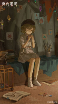 1girl absurdres aged_down black_hat blonde_hair blue_bow blue_bowtie book book_stack bow bowtie brume_(reverse:1999) buttons clenched_hands closed_eyes closed_mouth copyright_name copyright_notice dress full_body hands_up hat highres indoors logo newsboy_cap no_shoes official_art official_wallpaper open_book paper reverse:1999 short_dress short_hair short_sleeves sitting smile socks solo white_dress white_socks