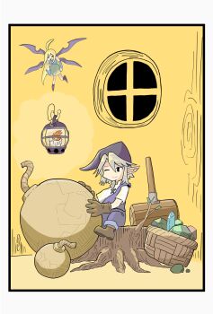 >_< 1boy 1girl ahoge basket blonde_hair bomb boots candle carrying crystal explosive fairy fire gloves gnome hammer hat highres hook inside_tree juukyuu_kaku lantern long_hair medium_hair one_eye_closed parted_bangs pointy_ears pointy_hat riviera rock sitting on_tree_stump smile tree_hollow tree_stump very_long_hair window wings