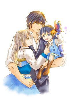 1boy 2girls aged_down ahoge blue_eyes blue_hair boots breasts bug butterfly carrying carrying_person chrom_(fire_emblem) eyelashes family father_and_daughter female_robin_(fire_emblem) fire_emblem fire_emblem_awakening flat_chest flower full_body hair_flower hair_ornament hand_up happy highres husband_and_wife insect intelligent_systems knee_boots long_hair looking_at_another lucina_(fire_emblem) medium_breasts mother_and_daughter moverabbit0305 multiple_girls open_mouth short_hair sidelocks standing swept_bangs tiara toned toned_male twintails white_hair