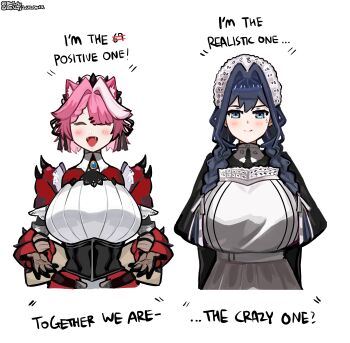 2girls absurdres anger_vein animal_ears blaparky blue_eyes blue_hair breasts closed_eyes fangs hair_intakes highres hololive hololive_english large_breasts maid multicolored_hair multiple_girls ouro_kronii ouro_kronii_(maid) panther_ears panther_girl pink_hair raora_panthera streaked_hair virtual_youtuber