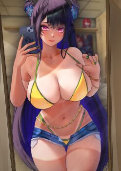 1girl absurdres asymmetrical_horns bikini black_hair blue_hair bracelet brazilian_miku brazilian_miku_(cosplay) breasts cleavage closed_mouth colored_inner_hair commentary cosplay denim denim_shorts elizabeth_rose_bloodflame english_commentary green_nails hands_up hatsune_miku highleg highleg_bikini highres holding holding_phone hololive hololive_english horns jewelry large_breasts lazik_1337 long_hair looking_at_viewer mirror_selfie mole mole_under_eye multicolored_hair nail_polish navel nerissa_ravencroft open_fly phone purple_eyes selfie shorts sidelocks slit_pupils smile solo swimsuit tan tanline uneven_horns very_long_hair virtual_youtuber vocaloid yellow_bikini yellow_nails