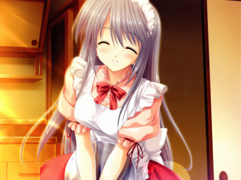 1girl ^_^ apron artist_request bow bowtie breasts clannad closed_eyes dress evening facing_viewer frilled_sleeves frills game_cg grey_hair highres holding holding_tray indoors key_(company) lens_flare light_blush long_hair maid_headdress medium_breasts orange_dress puffy_short_sleeves puffy_sleeves red_bow red_bowtie sakagami_tomoyo short_sleeves sidelighting smile solo teeth tomoyo_after tray upper_body v_arms waitress white_apron