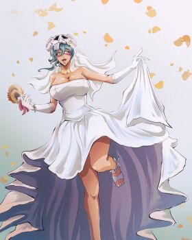 1girl bare_shoulders bleach breasts bridal_veil collarbone dress elbow_gloves espada facial_mark female_focus flower gloves green_hair holding holding_flower large_breasts mask mask_on_head nelliel_tu_odelschwanck petals sandals shiny_skin simple_background skull_on_head veeepawoon veil wedding_dress yellow_eyes