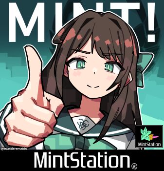 1girl airi_(blue_archive) aqua_bow aqua_bowtie aqua_eyes blue_archive bow bowtie brand_name_imitation brown_hair closed_mouth commentary english_commentary engrish_commentary green_sailor_collar hair_bow highres long_hair long_sleeves looking_at_viewer pointing pointing_at_viewer sailor_collar school_uniform shirt smile solo tsunderemaids twitter_username v-shaped_eyebrows white_shirt