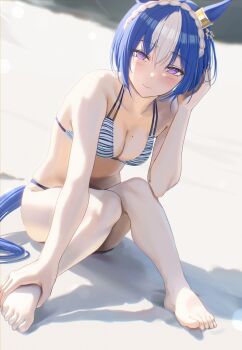 1girl absurdres alternate_costume animal_ears barefoot bikini blue_bikini blue_hair blush braid breasts cesario_(umamusume) cleavage closed_mouth collarbone crown_braid ear_ornament full_body hair_between_eyes hand_in_own_hair highres holding_own_foot horse_ears horse_girl horse_tail kimchi_(user_mpzz8457) looking_at_viewer medium_breasts multicolored_hair photo-referenced purple_eyes short_hair sitting smile solo streaked_hair swimsuit tail two-tone_hair umamusume white_hair