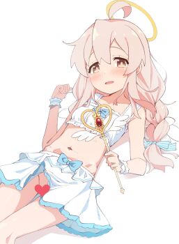 1girl ahoge bare_shoulders blue_bow blush bow bow_camisole skirt_bow braid brown_eyes camisole censored collarbone commentary_request crop_top frilled_skirt frills genderswap genderswap_(mtf) hair_between_eyes hair_bow halo hand_up heart heart_censor highres hip_bones holding holding_wand layered_skirt long_hair looking_at_viewer lying midriff miniskirt navel nekono_matatabi no_panties on_back onii-chan_wa_oshimai! oyama_mahiro pink_hair simple_background skirt solo twin_braids two-tone_skirt wand white_background white_camisole white_skirt white_wrist_cuffs winged_wand wrist_cuffs yellow_halo