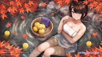 1girl arm_under_breasts artist_name autumn autumn_leaves bare_arms bare_shoulders bathing blue_eyes blush breasts brown_hair bucket cleavage closed_mouth collarbone commentary_request commission falling_leaves food from_above fruit hair_ornament highres knees_up leaf looking_at_viewer maple_leaf medium_breasts onsen original partially_submerged rock short_hair sitting smile steam twitter_username wajuniorbox water wooden_bucket x_hair_ornament
